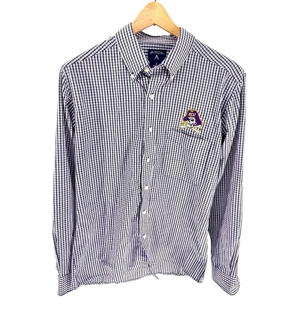 Antigua ECU Pirates Purple Plaid Button Up Shirt Men's M Gameday Tailgate